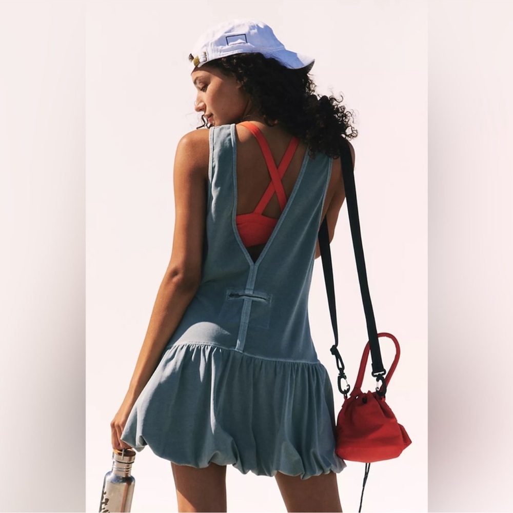Free People Dusty Blue Ruffle-Hem Mini Dress with White Cap Sleeves - Picture 3 of 13